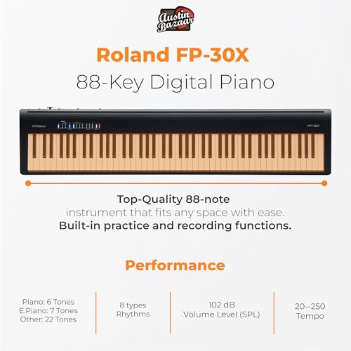 Roland FP-30X 88-Key Digital Piano - Black Bundle with Adjustable Stand, Bench, Sustain Pedal, Online Piano Lessons, Instructional DVD, and Austin Bazaar Polishing Cloth