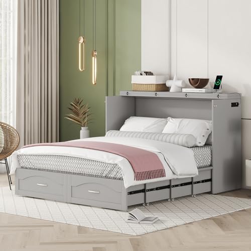 Convertible Murphy Bed 2-In-1 Wall Bed Solid Wood Murphy Cube Bed w/Drawer&Sockets/USB Ports for Teen Adult, Folding Storage Chest Bed Platform Bed Frame w/Headboard for Home Office Dorm (Queen,Grey)