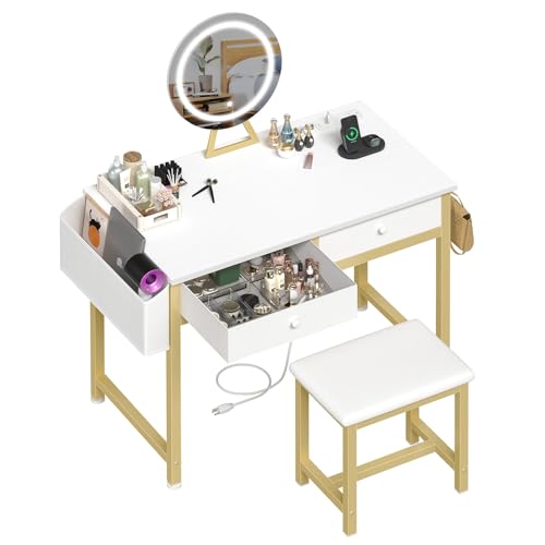 Makeup Vanity Desk with Mirror and Lights - Girls White and Gold Vanity Table Set with Chair, Fabric Drawers, Power Outlet, Small Modern Make Up Dressing Table for Bedroom