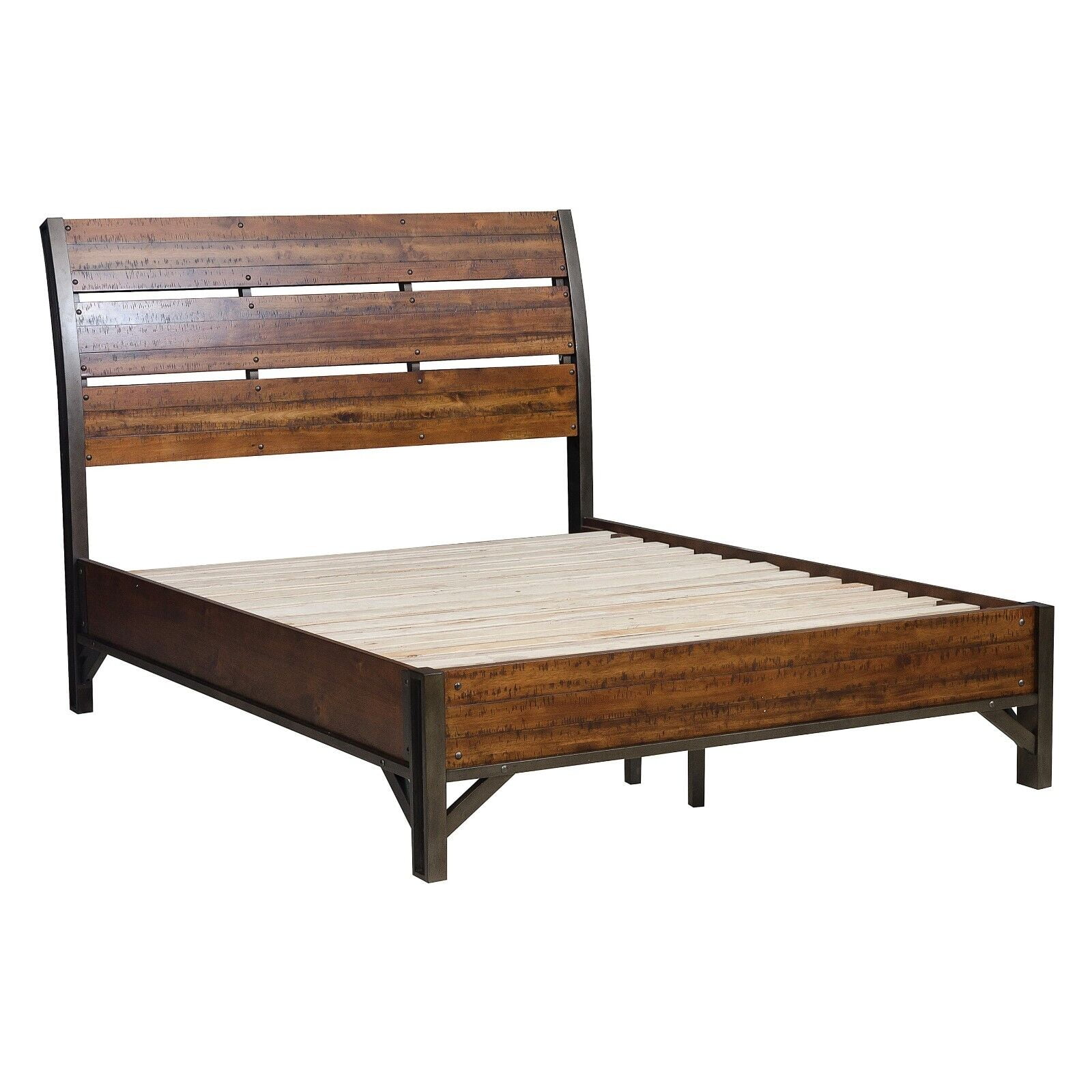 Rustic Brown and Gunmetal Finish 1pc Eastern King Size Platform Bed Horizontal Slat Design Low-Profile Bedframe