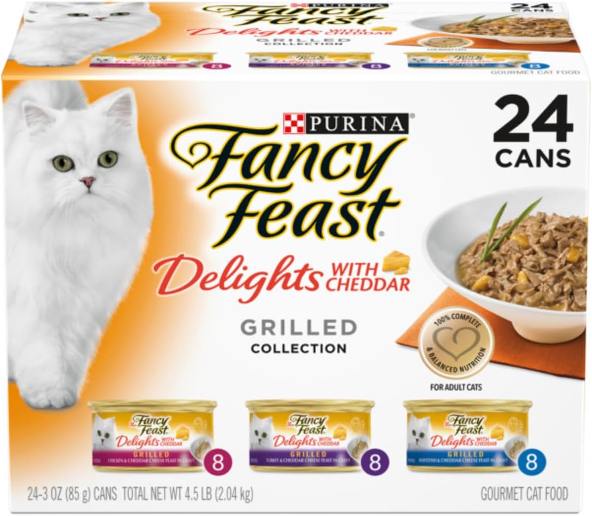Fancy Feast PURINA Delights with Cheddar Grilled Collection Wet Cat Food Variety Pack, 3 OZ Cans, 24 CT