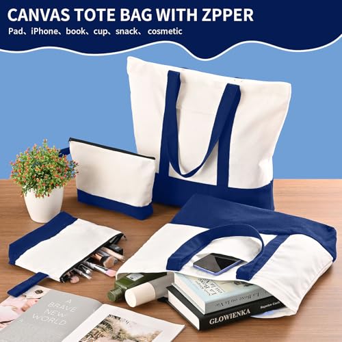 16 Pack Canvas Tote Bags Bulk and Makeup Pouches Set, 12oz Cotton Reusable Zippered Grocery Bags with Handles, DIY Sublimation, Halloween Craft, Beach & Travel with External Pocket (Women & Men)