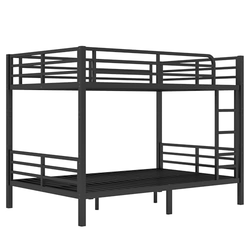 Heavy Duty Bunk Bed Frame with Ladder, Twin XL Over Twin XL Bunk Beds with Safety Guardrails, Adults Bunk Beds with Noise-Reducing Rubber Stoppers, Easy Assemble, Black