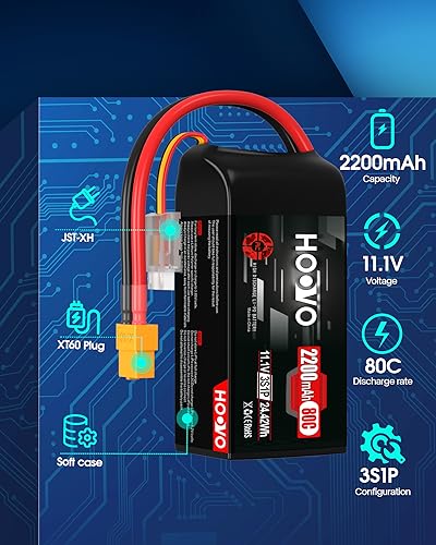 HOOVO 3S Lipo Battery, 2200mAh 80C 11.1V Shorty Lipo Battery Pack, Softcase with XT60 Connector Compatible with Drone RC Airplane Helicopter Quadcopter FPV RC Car,2 Pack