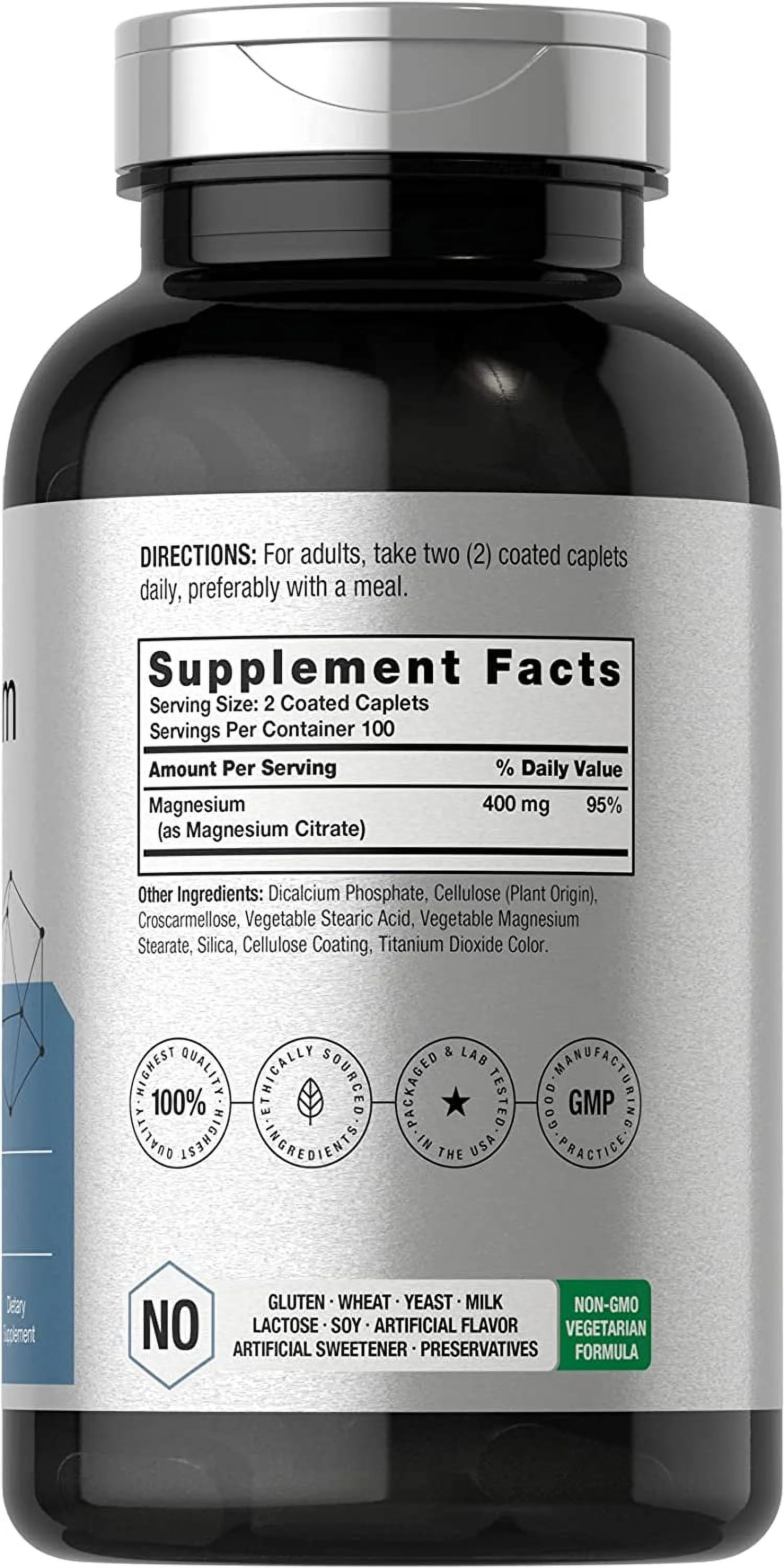 Magnesium Citrate | 400mg | 200 Caplets | Vegetarian Formula | by Horbaach