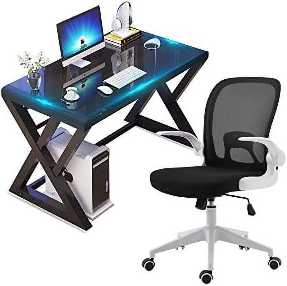 xrboomlife Home Office Desk and Chair Set  Breathable Mesh Computer Chair and Modern Glass Top Computer Desk with Metal Frame  Flip-Up Arms Foldable Backrest Rolling Swivel Chair  Home St