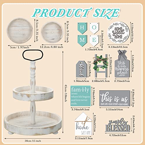 Two Tiered Tray with 11 Pcs Wooden Signs, Farmhouse Tiered Tray Decor Set Rustic Wood Home Kitchen Table Stand Decor Decorative Table Shelf Centerpiece(Autumn Style)