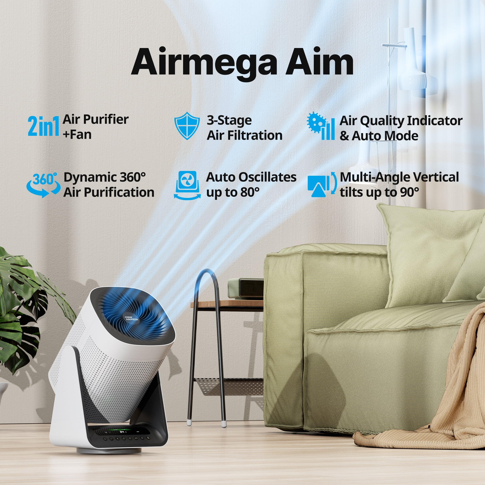 Coway Air Purifier Airmega Aim True HEPA Air Purifier + Fan (2in1), Covers Upto 246 sq ft, Auto Mode, Oscillation, Air Quality & Filter Indicator, Button Lock