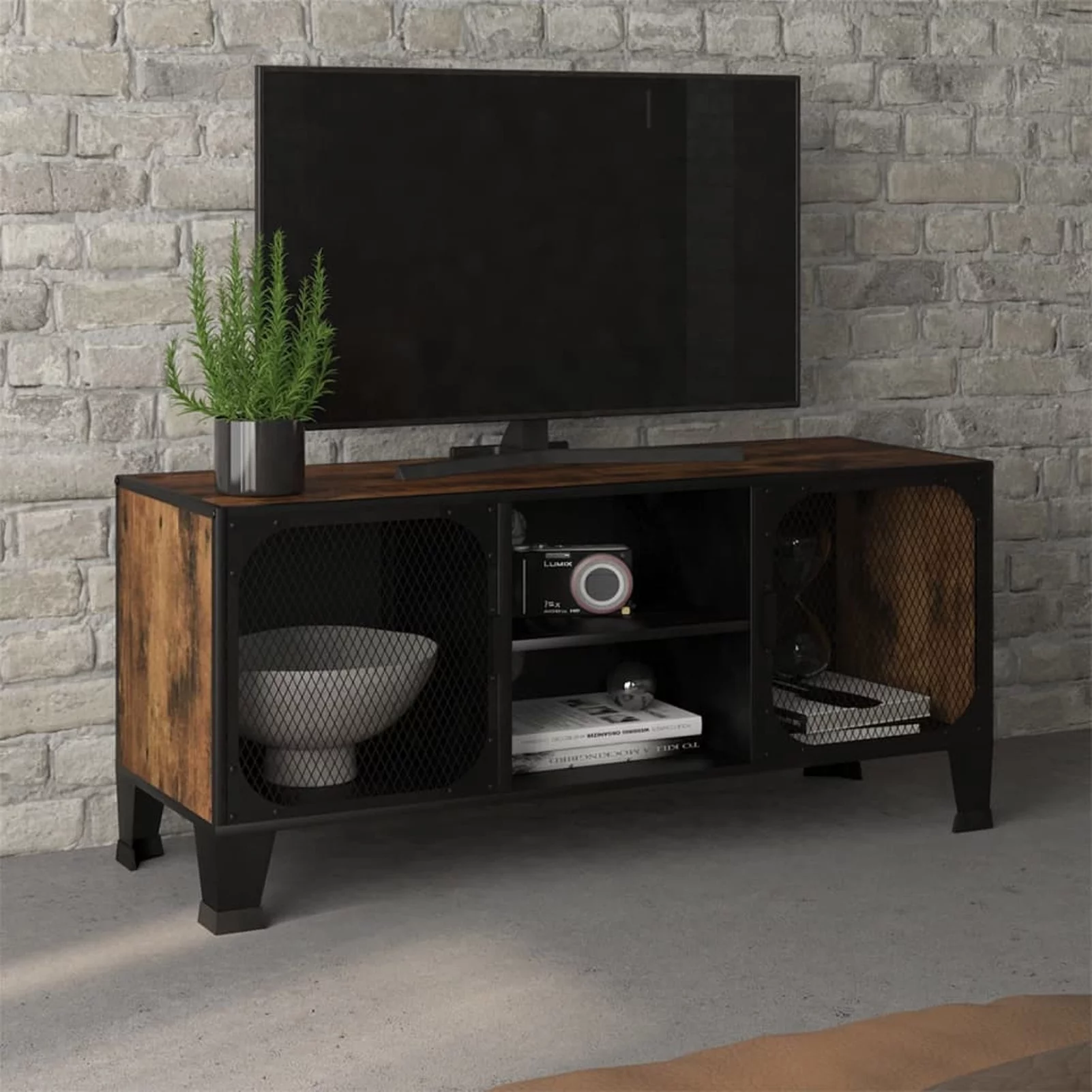 Dcenta TV Stand with 2 Mesh Doors and Storage Shelf Metal and MDF Television Cabinet Sofa End Side Table Rustic Brown for Living Room Home Furniture 41.3 x 14.2 x 18.5 Inches (W x D x H)