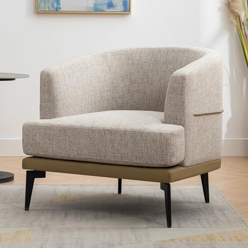 Modern 2 Tone Accent Barrel Chair with Linen and PU, Thick Cushion, Metal Legs, Upholstered Arm Chair for Living Room Reading Room Bedroom (Mustard Green)