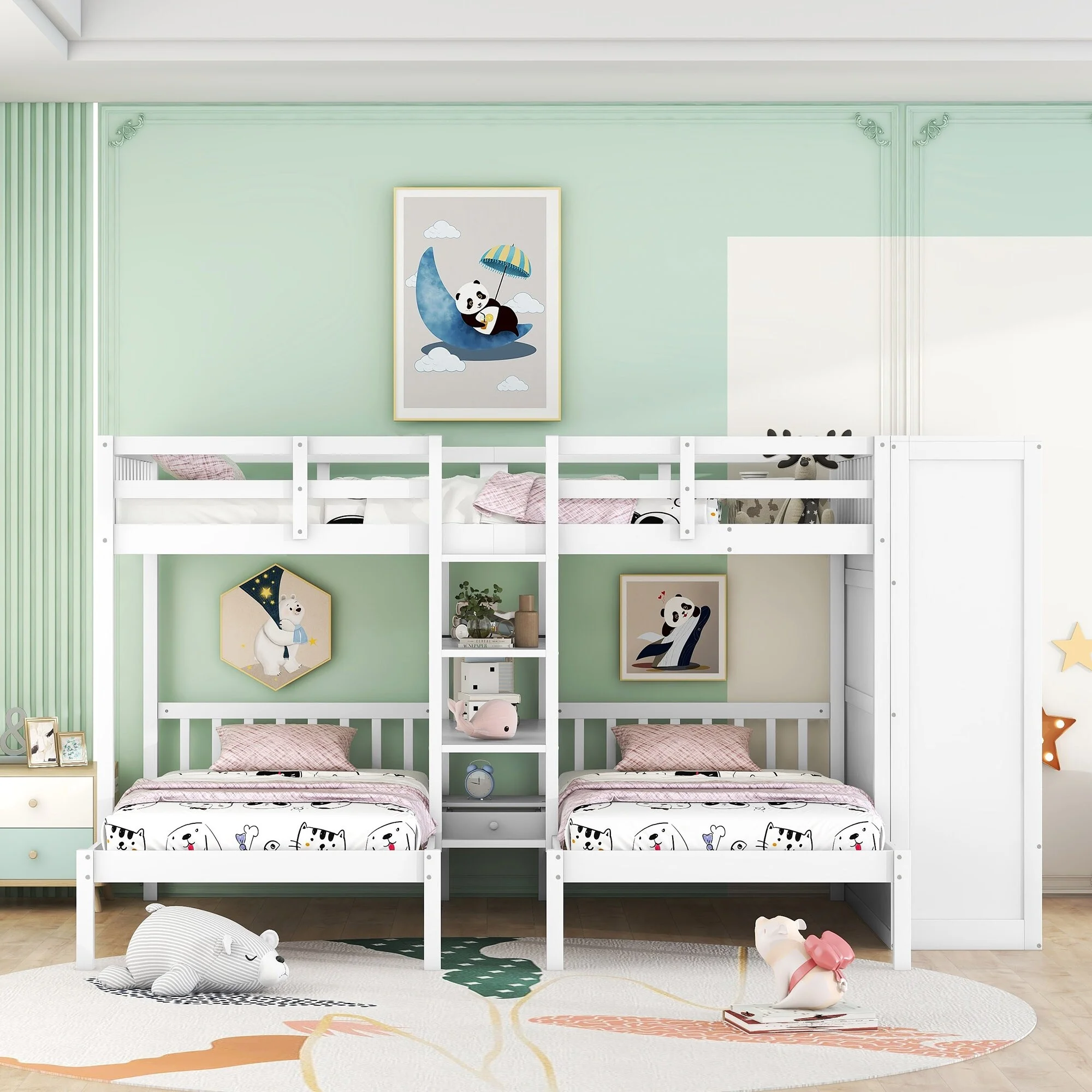 Full-Over-Twin-Twin Bunk Bed with Shelves, Wardrobe, Mirror, and Storage Solutions - Space-Saving Furniture for Growing Families White