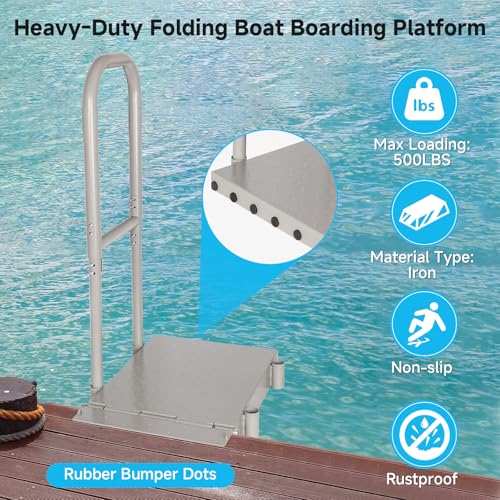 Folding Boat Boarding Platform with Handrail – Anti-Rust Dock Steps for Lake, 500lbs Capacity, Non-Slip Surface, Ground Lock & Bumper Strip – Dock Ramp for Boats, Pontoons, Yachts