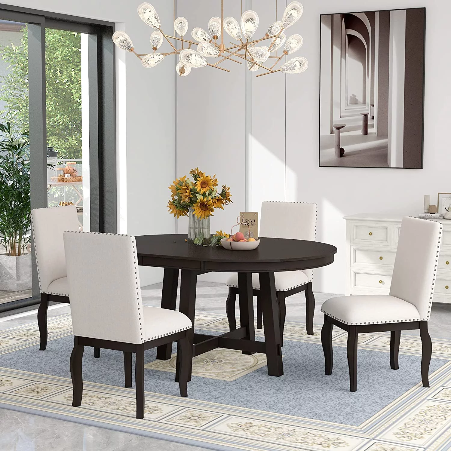 5-Piece Farmhouse Extendable Round Dining Table and Upholstered Chair Set, Round Dining Table with Shelf, Wood Dining Table Set for Family Dining Area