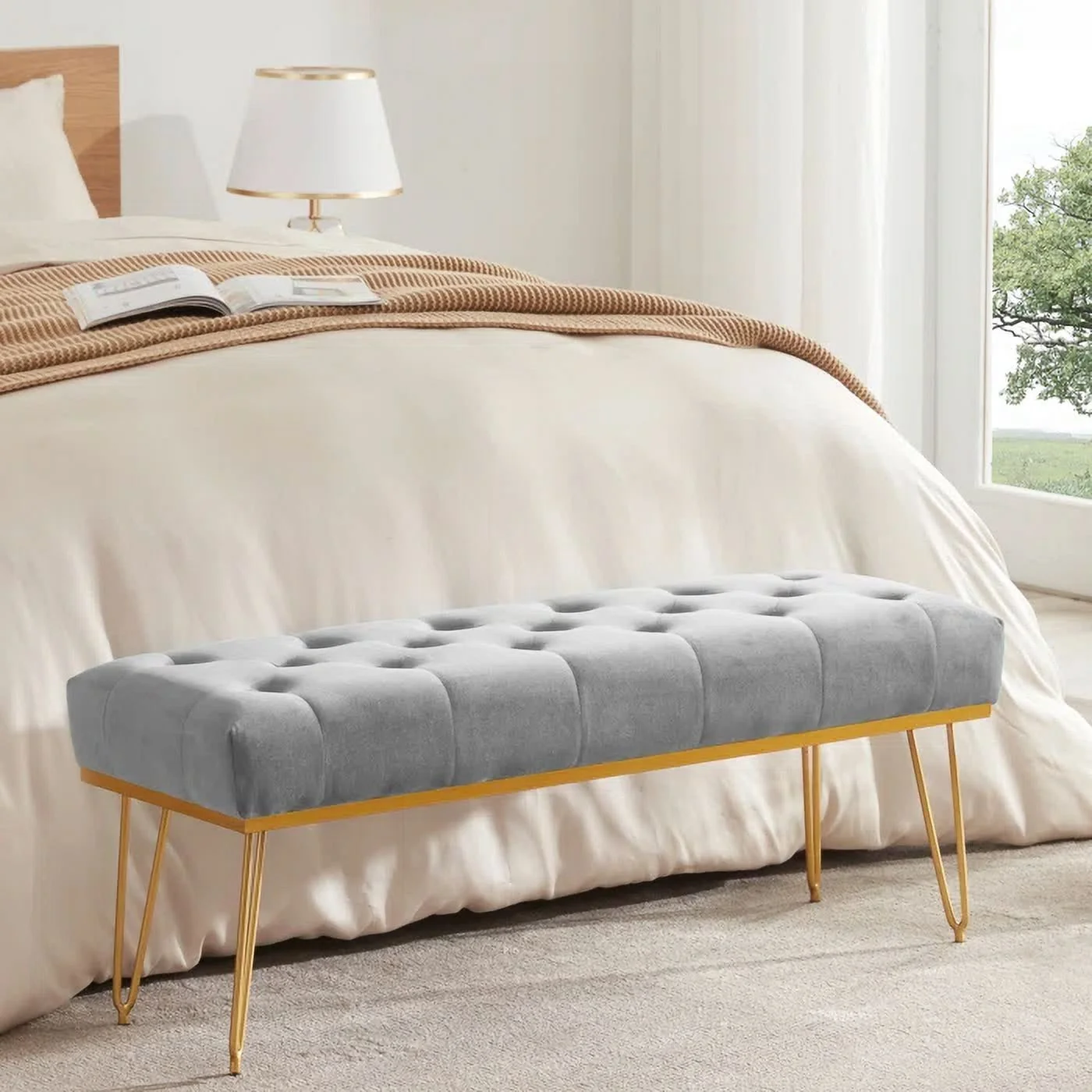 Rectangular Velvet Ottoman with Metal Base, Gray and Golden, Luxury Home Furniture