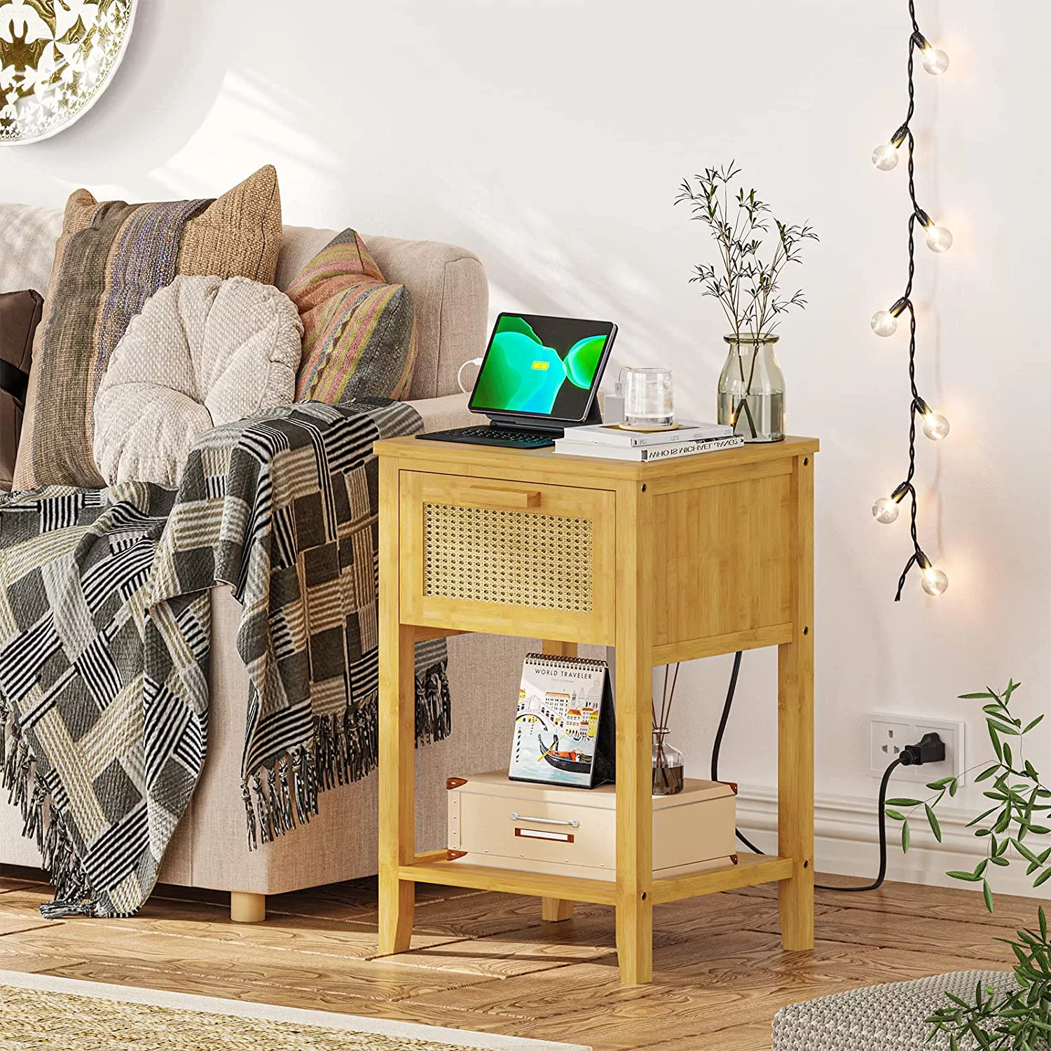 EPHEX Nightstands, Rattan Nightstands with Charging Station and Drawer, Solid Wood Bedside Tables with Open Shelf, Bamboo