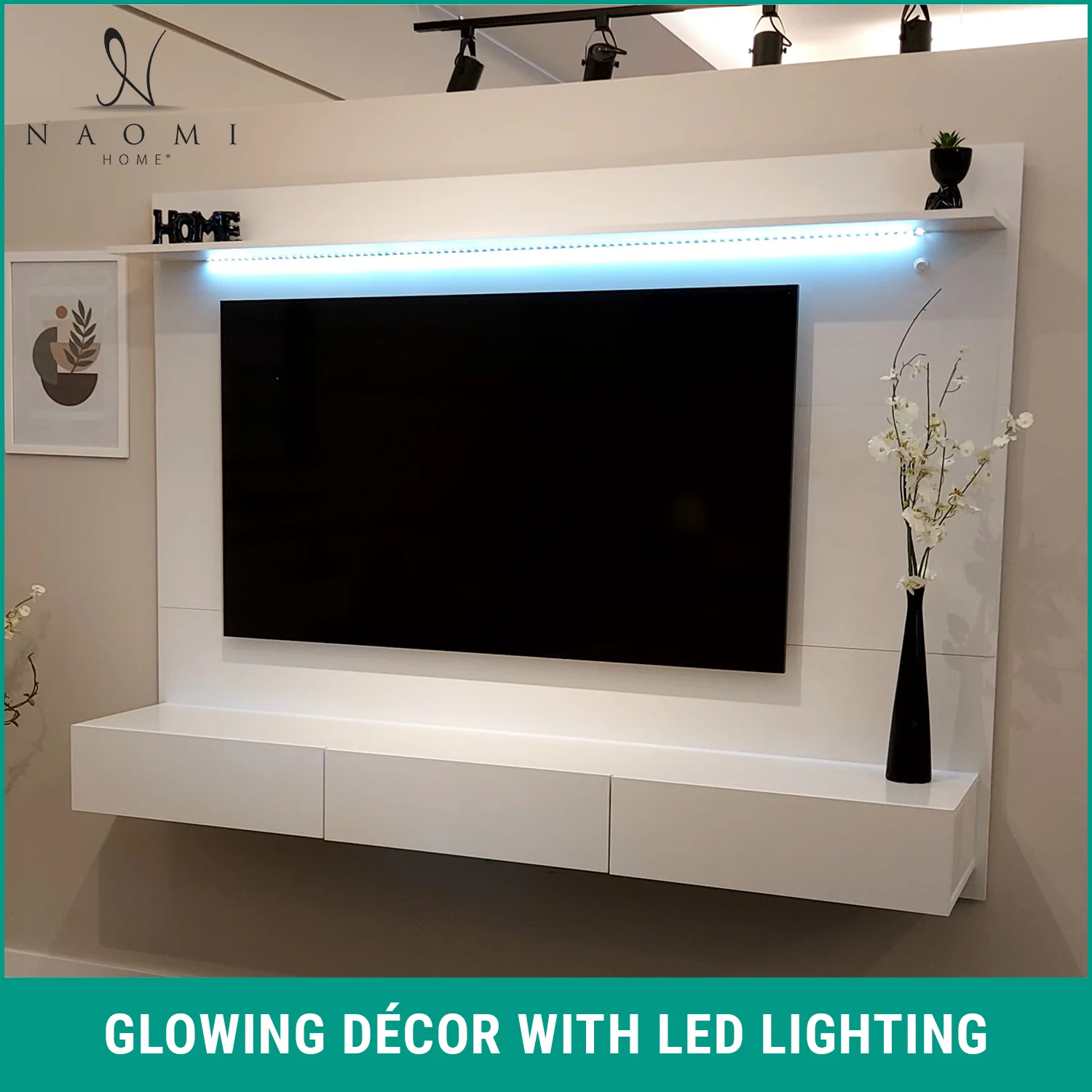 Bliss Floating Entertainment Center, Floating TV Stand Wall Mounted, Freestanding Wall Mounted Entertainment Center, Floating TV Wall Panel for 70 inch TVs with LED Strip, Drawers and Shelf - White