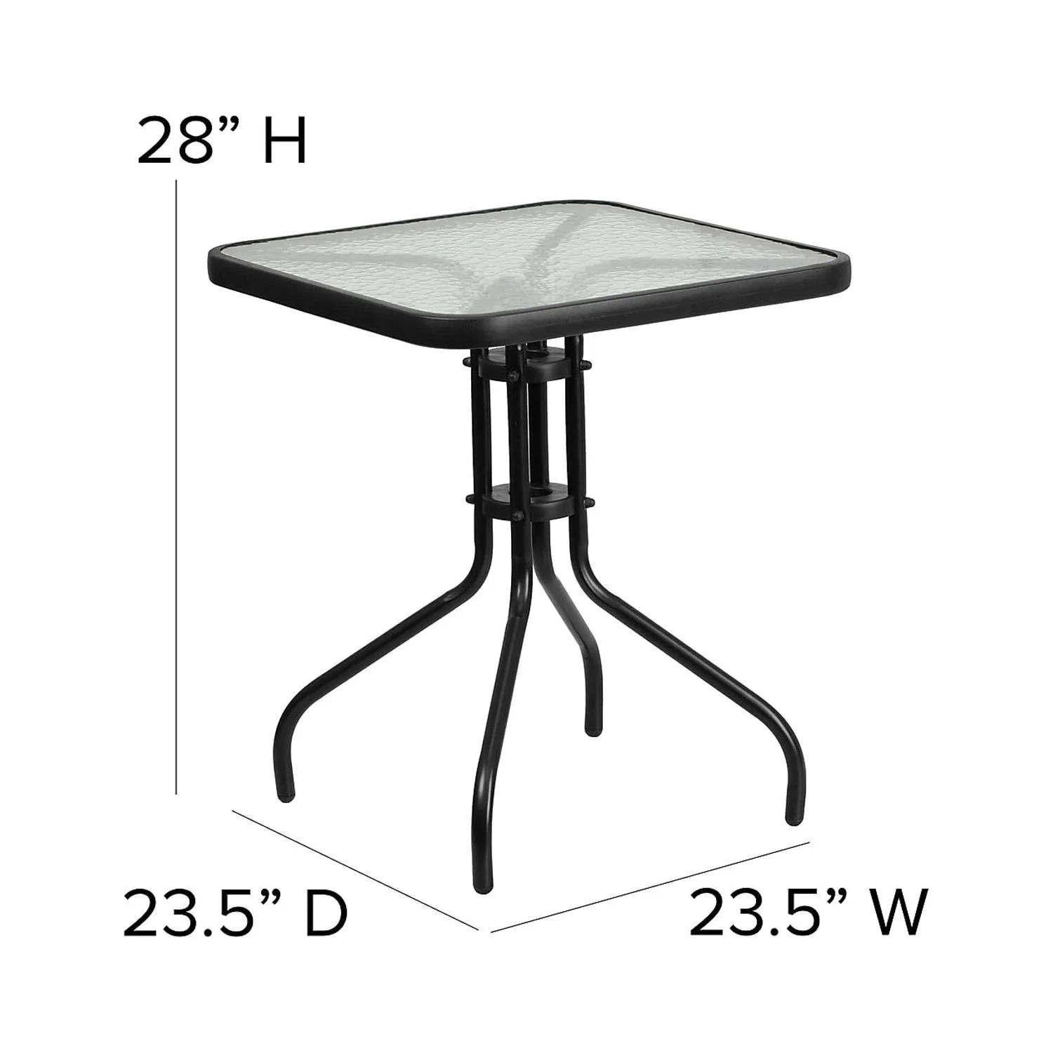 Flash Furniture 23.5'' Square Glass Metal Table with 2 Black Metal Aluminum Slat Stack Chairs