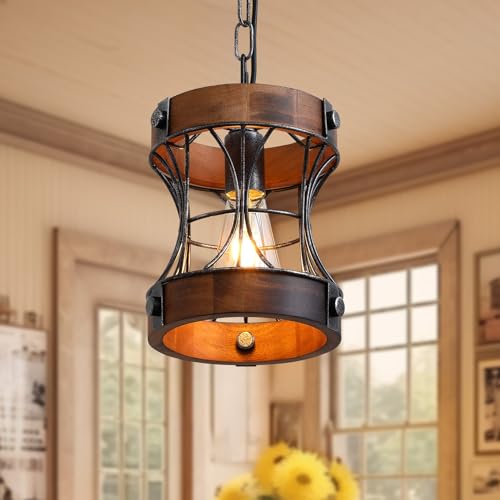 Rustic Farmhouse Chandelier, Wood Small Pendant Light Fixtures, Modern Chandeliers for Dining Room, Kitchen Island, Office, Bedroom, 1-Light Chandelier for All Ceilings D 7.5