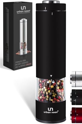 Electric Salt and Pepper Grinder Set - Battery Operated Stainless Steel Mill with Light (2 Black Mills) - Automatic One Handed Operation - Electronic Adjustable Shakers - Ceramic Grinders