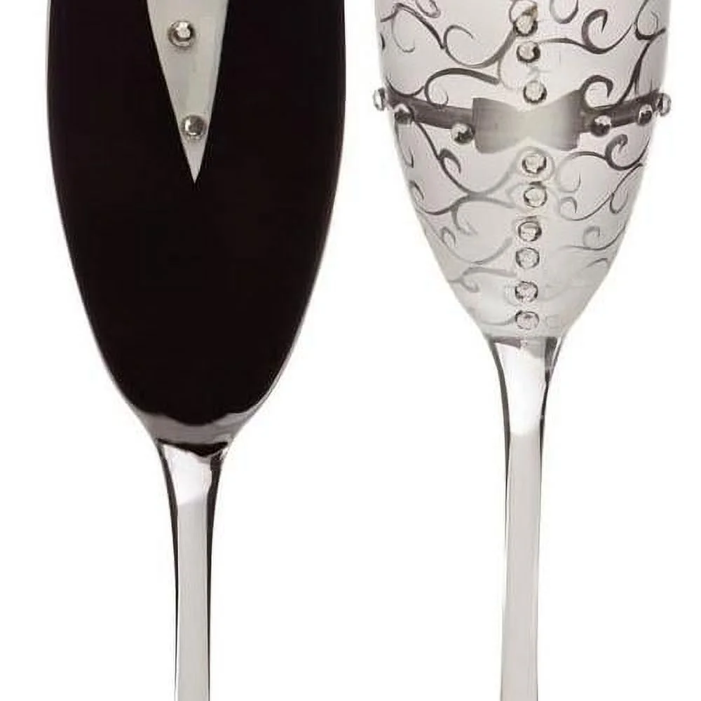 8 Oz. Bride And Groom Wedding Champagne Toasting Flute Glasses, Set Of 2 - Metallic Accents - 6.75”W X 4”D X 11”H