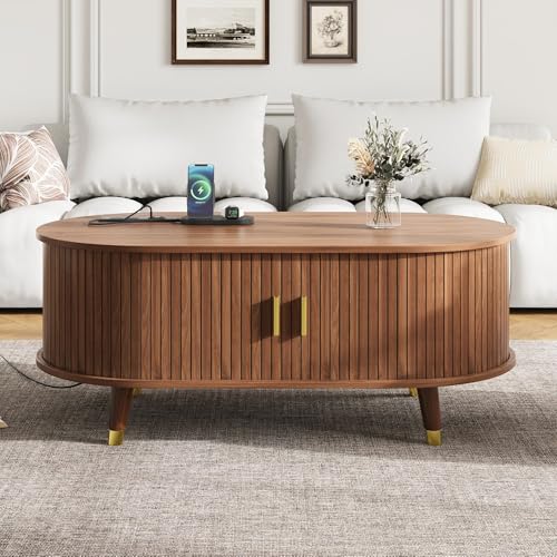42.5'' Oval Wood Coffee Table with Storage, Charging Station and Sliding Door, Mid Century Modern Fluted Coffee Table Center Tables Tea Table for Living Room Apartment, Black & Gold