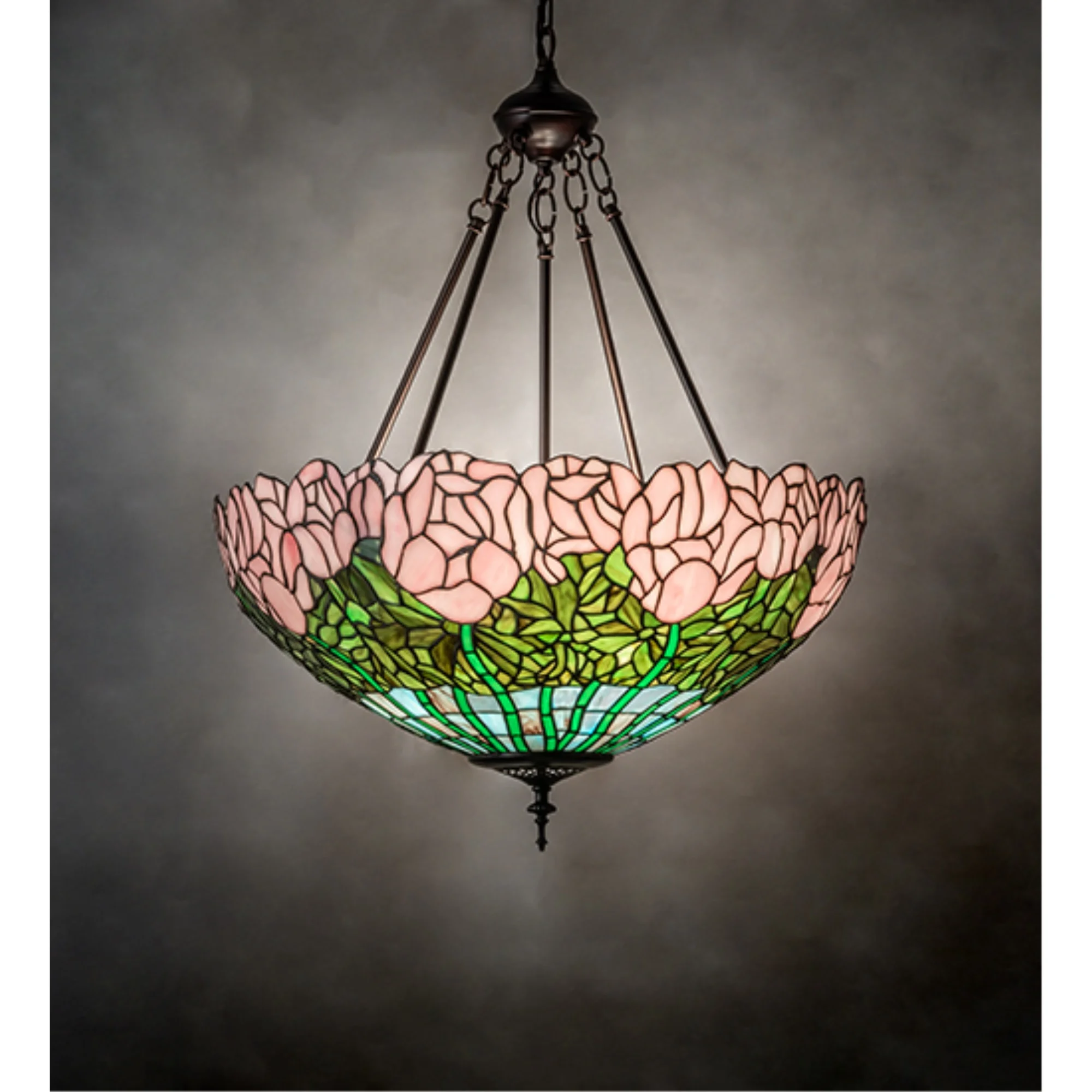 Meyda Tiffany 231156 22 Inch Wide Cabbage Rose Inverted Pendant   Mahogany Bronze Finish with Pink/Green Glass