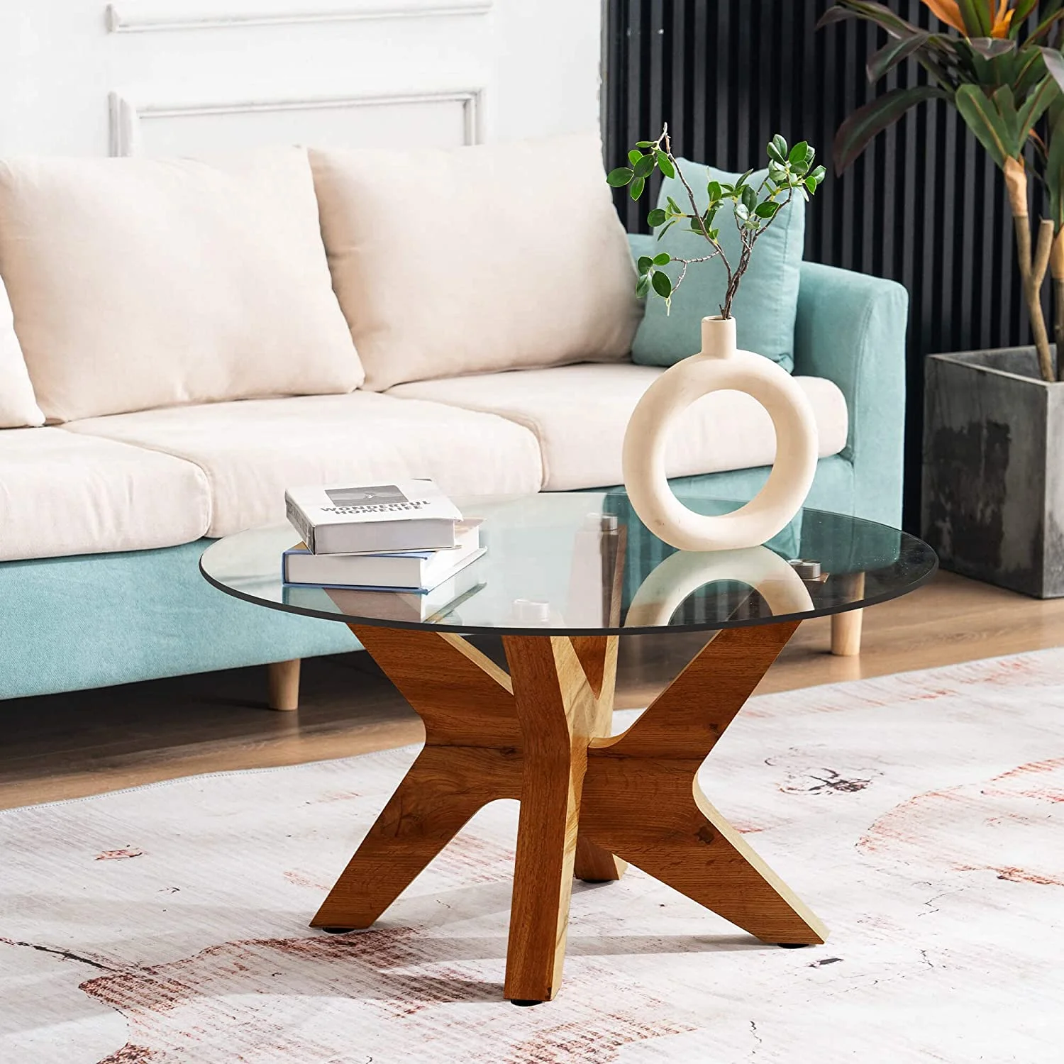 Round Glass Coffee Table for Living Room  31.5 in Mid Century Modern Accent Tea Table  Farmhouse Coffee Table with Natural Wood Frame and Tempered Glass Top (Rustic Brown  Clear)