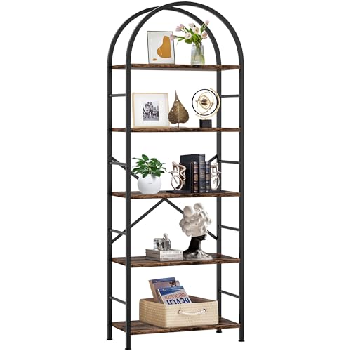 Shintenchi Bookshelf, Arched Bookshelf 5 Tier Bookcase, Tall Shelf for CDs/Books, Home Office Shelf Storage Organizer, Modern Book Shelf for Bedroom/Living Room, Rustic Brown