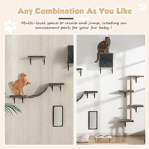 Wall Mounted Cat Furniture Set - 5 Piece Cat Shelves with Tree, Perch, Scratcher, Bridge & Condo - Gray