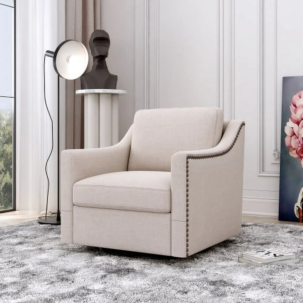 360 Degree Swivel Armchair Cotton Linen Skin-Friendly Fabric Ergonomic Design Brass Nail Decorative Armchair Living Room Chairs Bedroom Chairs Living Room Chairs Black Legs Suitable For Indoor Homes