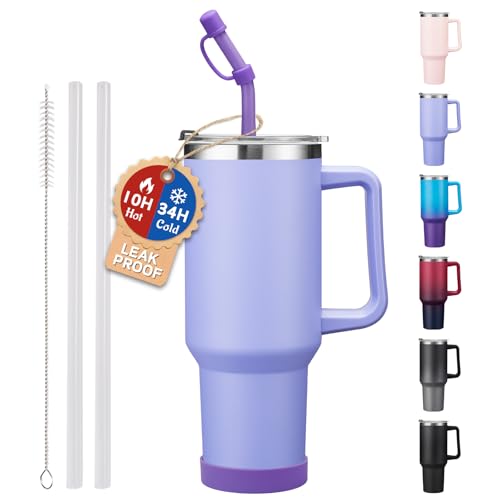 40 oz Tumbler with Handle and Straw Spout Lid - 100% Leak-proof Travel Coffee Cup, BPA Free Metal Mug, Vacuum Insulated Water Bottle- (Cold-34H & Hot-10H), Straw Cover, Silicone Boot