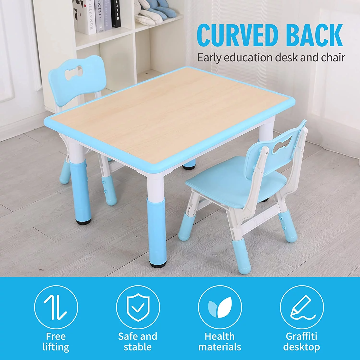 Kids Study Table and Chairs Set, Height Adjustable Plastic Children Art Desk with 2 Seats, Kids Multi Activity Table Set (Maple TOP with Blue Border) BY-60-MBL