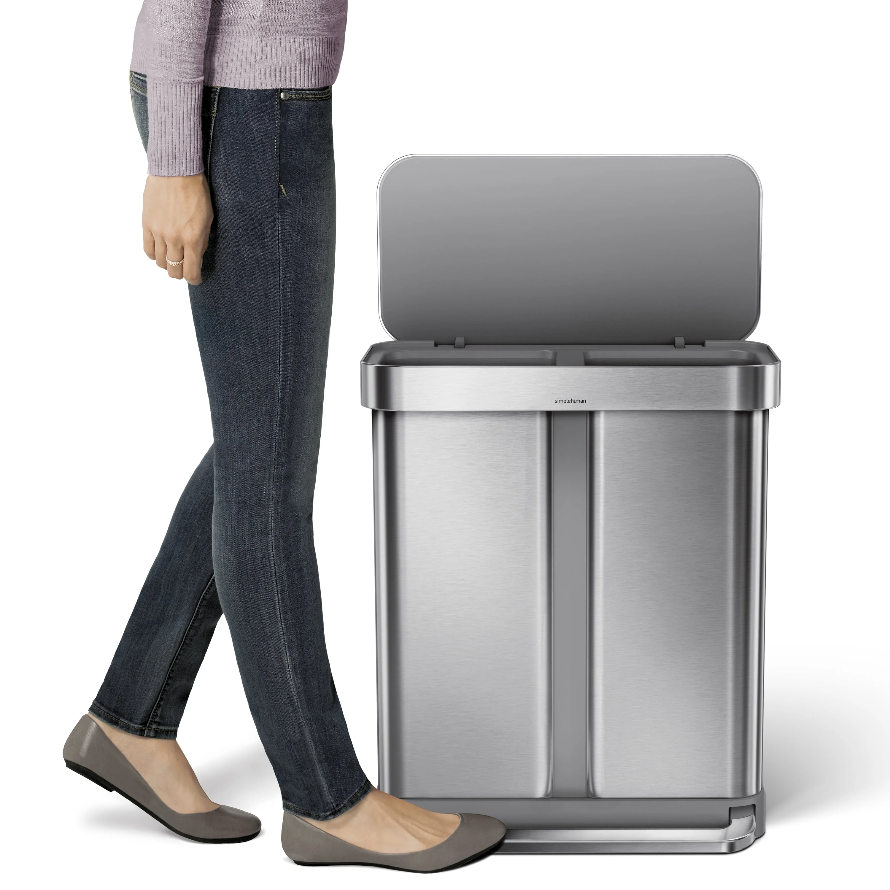 simplehuman 58 Liter / 15.3 gal Stainless Steel Dual Compartment Recycler Kitchen Step Trash Can, Brushed Stainless Steel