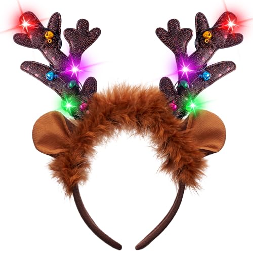 JOYIN Christmas 4PCS Reindeer Headband, Light-Up LED Antlers Reindeer Hat Holiday Headbands for Christmas Party Supplies and Holiday Parties Favors (ONE SIZE FITS ALL)