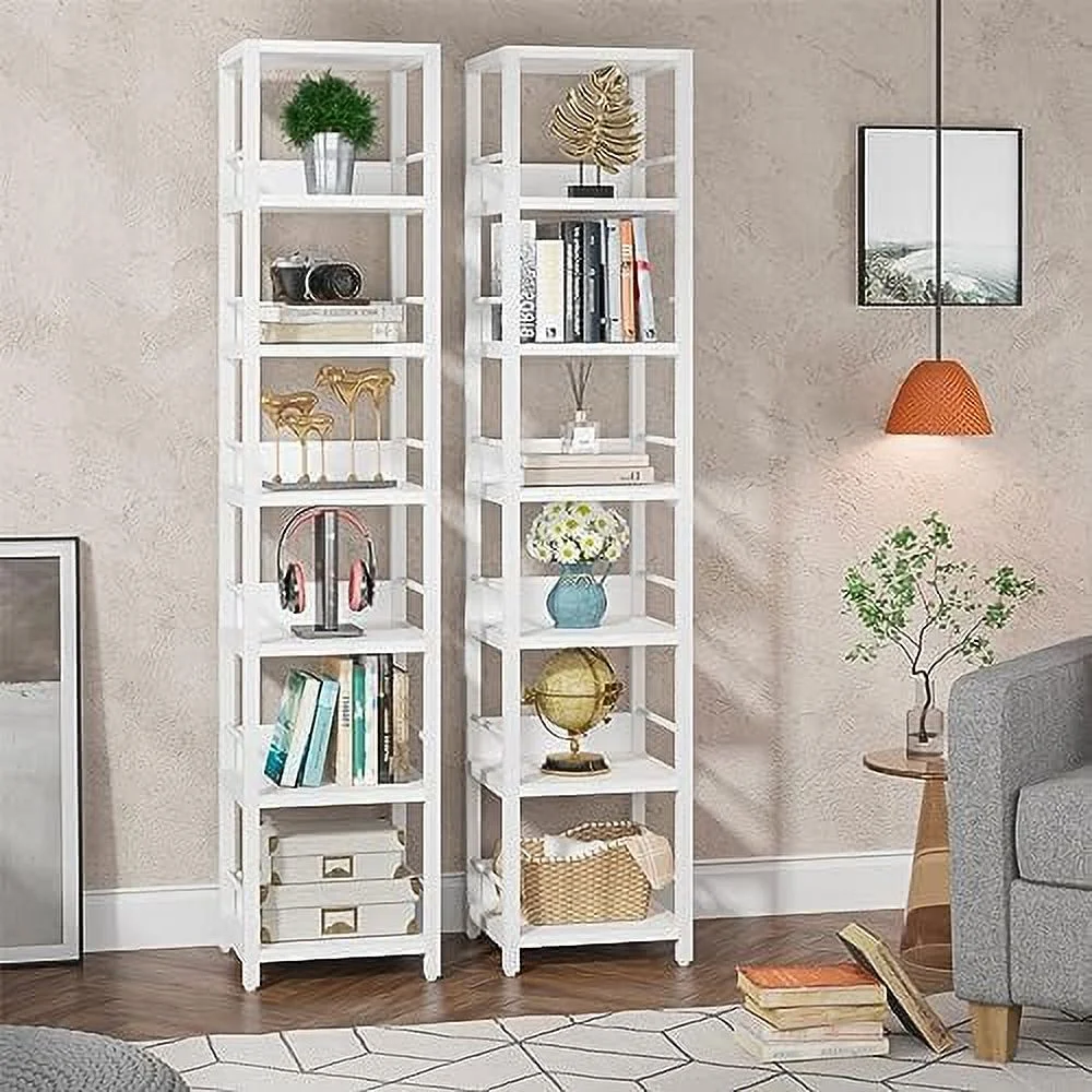 HJZUINIUNIU 6-Tier Corner  Set of 2  75 Inch Tall Narrow Bookshelf  Rack  Etagere Shelves Display Stand for Small Spaces  Open Bookcase Square  Tower for Living Room  White