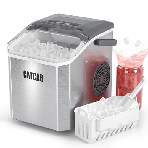 Countertop Ice Maker Machine with Handle, 9 Ice Cubes in 6 Mins, 26.5Lbs/24H, 2 Sizes of Bullet Ice, Auto-Cleaning Portable Ice Machine for Home Kitchen Party RV Camping, Stainless Steel Silver