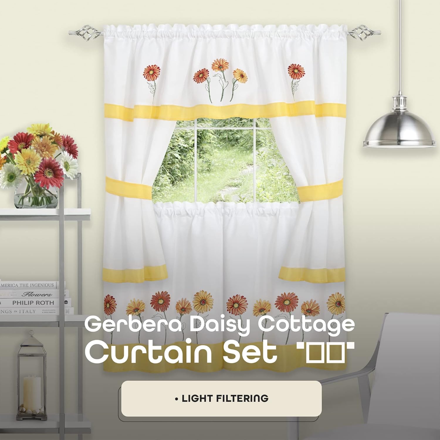 Achim Embellished Cottage Window Curtain Set - 58 Inch Width, 36 Inch Length - Gerbera Daisy - Light Filtering Drapes for Kitchen, Bedroom, Living & Dining Room Home Decor