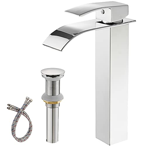 BWE Vessel Sink Faucet Modern Waterfall Chrome Single Hole Bathroom Faucet Single Handle with Pop up Drain Without Overflow Assembly Vanity Basin Bath Sink Faucets Mixer Tap