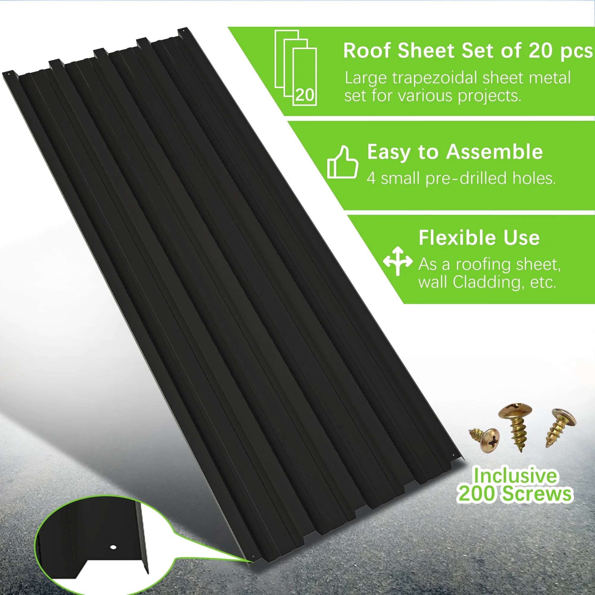 20 Pcs Galvanized Metal Roof Panels Hardware Roofing Sheets, Black