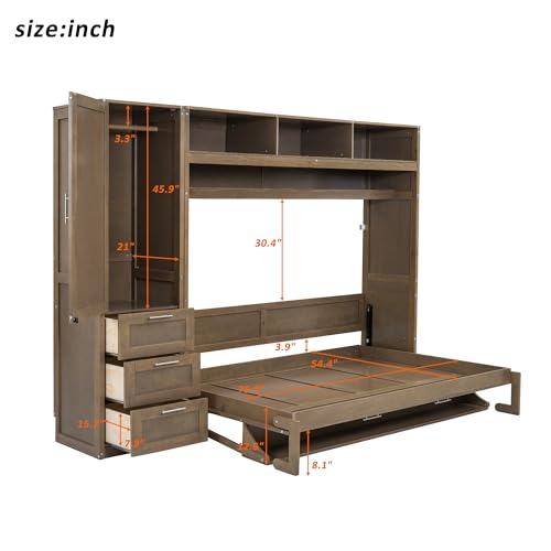 Modern Full Size Murphy Bed with Wardrobe,Storage Drawers and Open Shelves,Solid Wood Wall Bed Frame for Bedroom Guest Room Home Office Study,Easy Assembly (Antique Grey, Full)