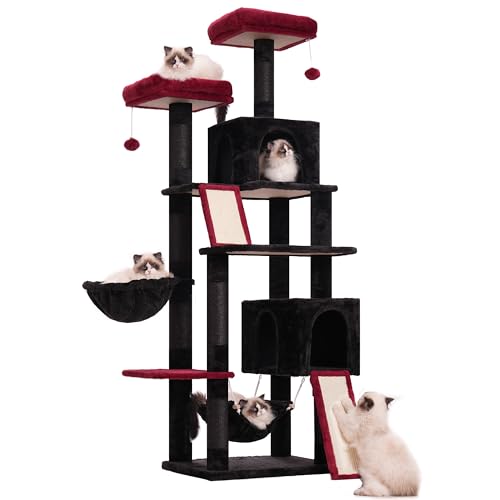 Cat Tree for Indoor Cats, 71'' (180cm) Multi-Level Cat Tower for Large Adult, Sturdy Cat Tree House with 2 Scratching Boards 7 Posts, 2 Plush Perches/Condos, Hammock, Smoky Gray GCT032G