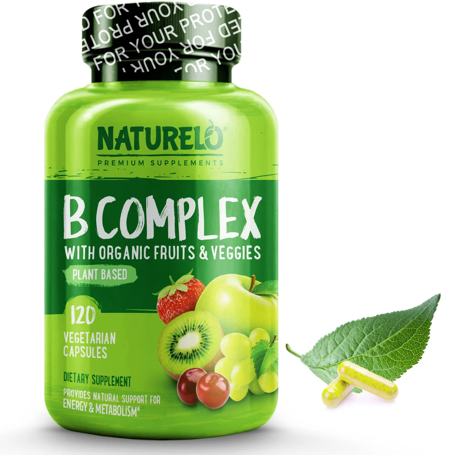 NATURELO Vitamin B Complex with Methyl B12, Methyl Folate, Vitamin B6, Biotin Plus Choline, CoQ10, and Fruit & Vegetable Blend - Supports Energy & Healthy Stress Response - Vegan - 120 Capsules