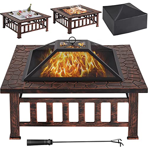 Yaheetech Multifunctional Fire Pit Table 32in Square Metal Firepit Stove Backyard Patio Garden Fireplace for Camping, Outdoor Heating, Bonfire and Picnic