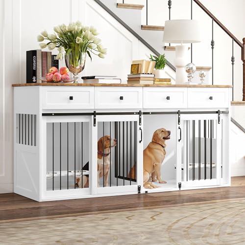 Real Relax Large Dog Crate Furniture for 2 Dogs, 71” Steel Frame with Double Doors, Wooden Dog Cage with 4 Bowls, Sliding Door Double Kennel for Medium Small Dogs, White
