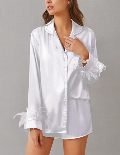 Ekouaer Women's Bridal Feather Trim Silk Satin Pajama Set Long Sleeve Lounge Sets Sleepwear (Removable Feather)