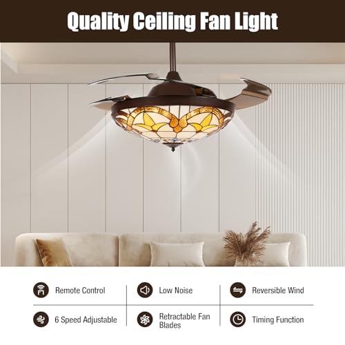 42 Inch Tiffany Style Ceiling Fan Stained Glass Ceiling Fan Retractable Ceiling Fan with Light and Remote Control 3 Speed, 3 Lighting Color Setting for Bedroom, Living and Dining Room