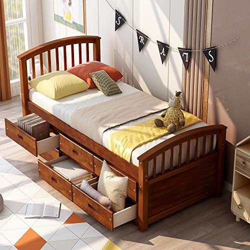 SOFTSEA Twin Platform Bed with Storage 6 Drawers, Twin Captain Bed for Kids Teens Adults, Twin Platform Bed with Headboard and Footboard for Bedroom, Solid Wood Bed Frame, White