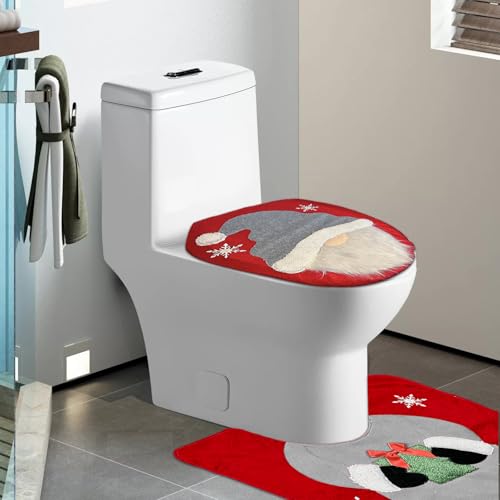 Hawyet Christmas Toilet Seat Cover and Rug Set - Festive Santa Gnome Design Bathroom Decor, 2PCS Non-Slip Toilet Mat & Lid Cover for Holiday Decoration (Red)