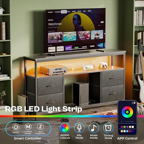 Huuger TV Stand Dresser with Power Outlets and LED Lights, 4 Drawers Entertainment Center with Open Shelf, Media Console for 50 43 Inch TV, Dresser with PU Finish, Black