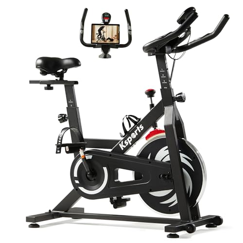Ksports Home Magnetic Resistance Adjustable Cardio Exercise Stationary Bike for Home Gyms with LCD Screen, Straps, and Ab Mat, Black